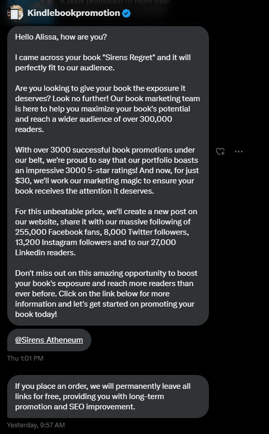 Sirens_Atheneum's tweet photo. Beware of scammers!! These two have been messaging me for the past 4 days, and after I didn't reply they sent me the last message in the Nora Roberts Chat 🤣Don't worry after I threatened to report, they BLOCKED ME. Always research who is reaching out guys. Be careful of scams ❤ https://t.co/nMNtJtoUnp