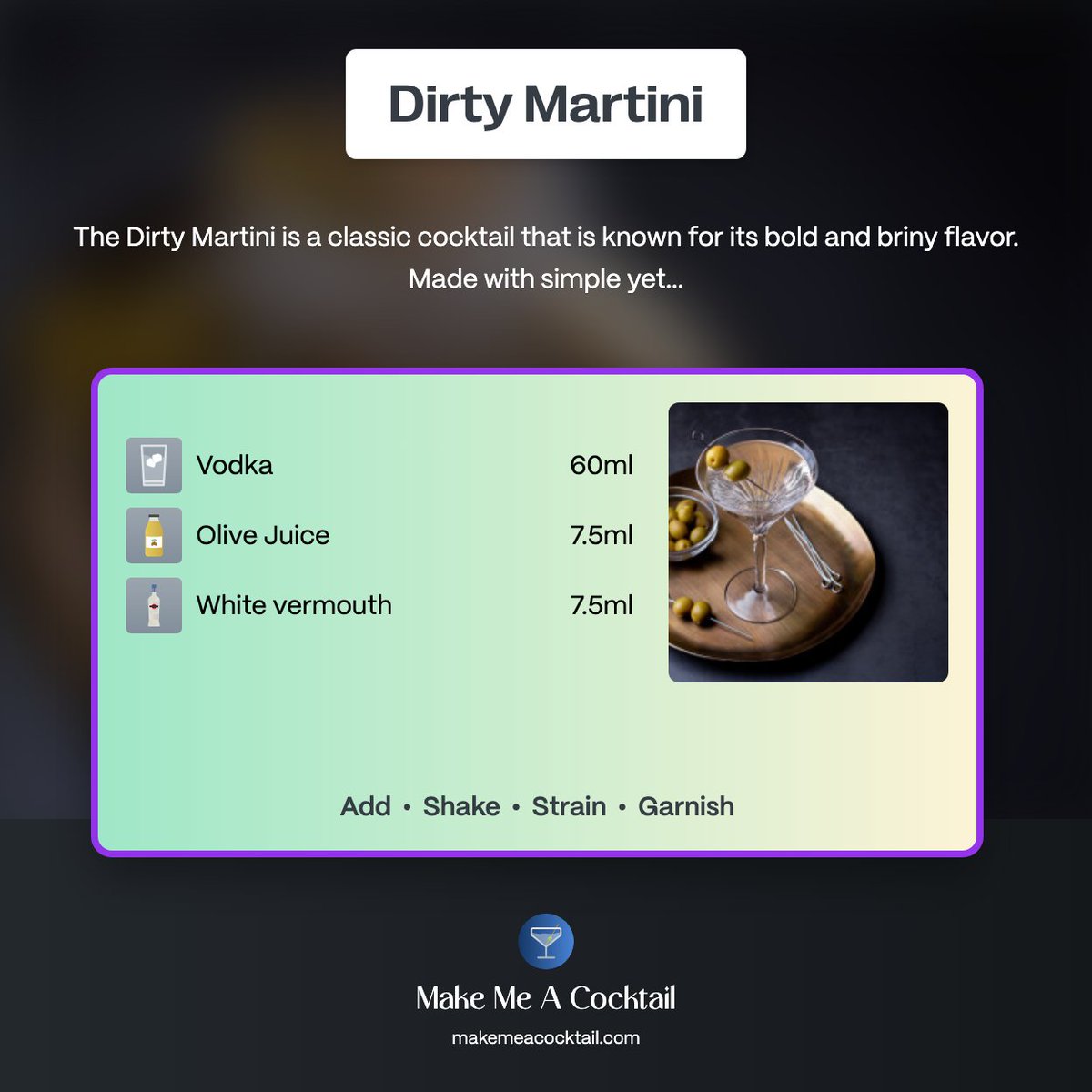 Unleash your inner mixologist with our bold and briny Dirty Martini! 🍸 A classic, shaken not stirred, that never fails to impress. DIY cocktail time starts now! 👉 makemeacocktail.com/cocktail/6805/…