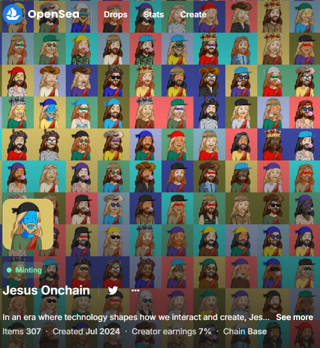 Gm fam!
Jesus Onchain still 307 times minted
Almost that time for the cloud mine mobile app available in appstore and playstore soon!
This is your long term web3 project taking over the space!
Don't fade <a href="/JesusOnchain/">Jesus Onchain</a> 
opensea.io/collection/jes…
#NFT #Election2024 #crypto