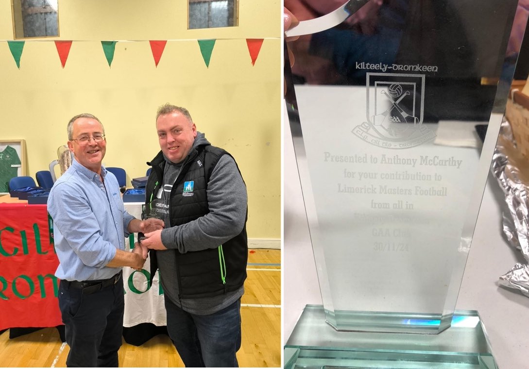 Limerick Gaelic Masters (@limerickgaelic) on Twitter photo Congratulations to Anthony McCarthy who received an award from his club @kilteelydromkeengaa for service to Limerick Gaelic Masters Football Team at a recent event . Congrats! Also pictured Kilteely Dromkeen chairman Noel O Dea <a href="/GaelicMasters/">Gaelic Masters Association</a> Congratulations to Anthony McCarthy who received an award from his club @kilteelydromkeengaa for service to Limerick Gaelic Masters Football Team at a recent event . Congrats! Also pictured Kilteely Dromkeen chairman Noel O Dea <a href="/GaelicMasters/">Gaelic Masters Association</a>