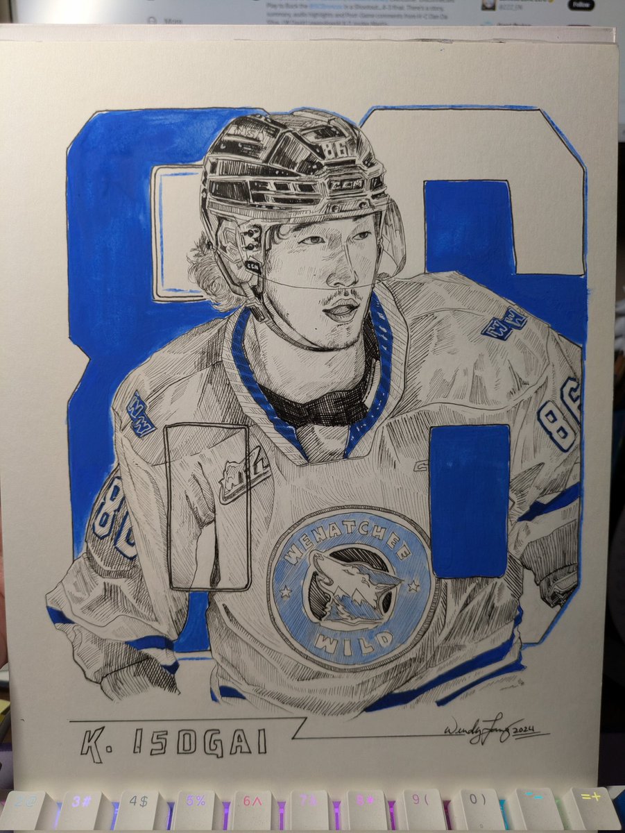 Ice_calibr29's tweet image. Good morning X! I finished this last night, a 8x10" drawing of: Kenta Isogai of the @WHLwild_ 
#WHL #hockeyart #Wenatchee #Inktober2024 #gouache