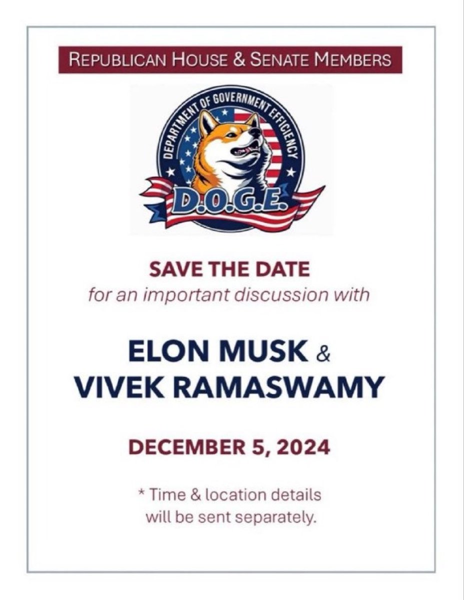 BIG week for The @DOGE 👀 Elon and Vivek will be addressing members of  congress on December 5th in Washington, D.C. 🗓️ It will be interesting to  see which members will be