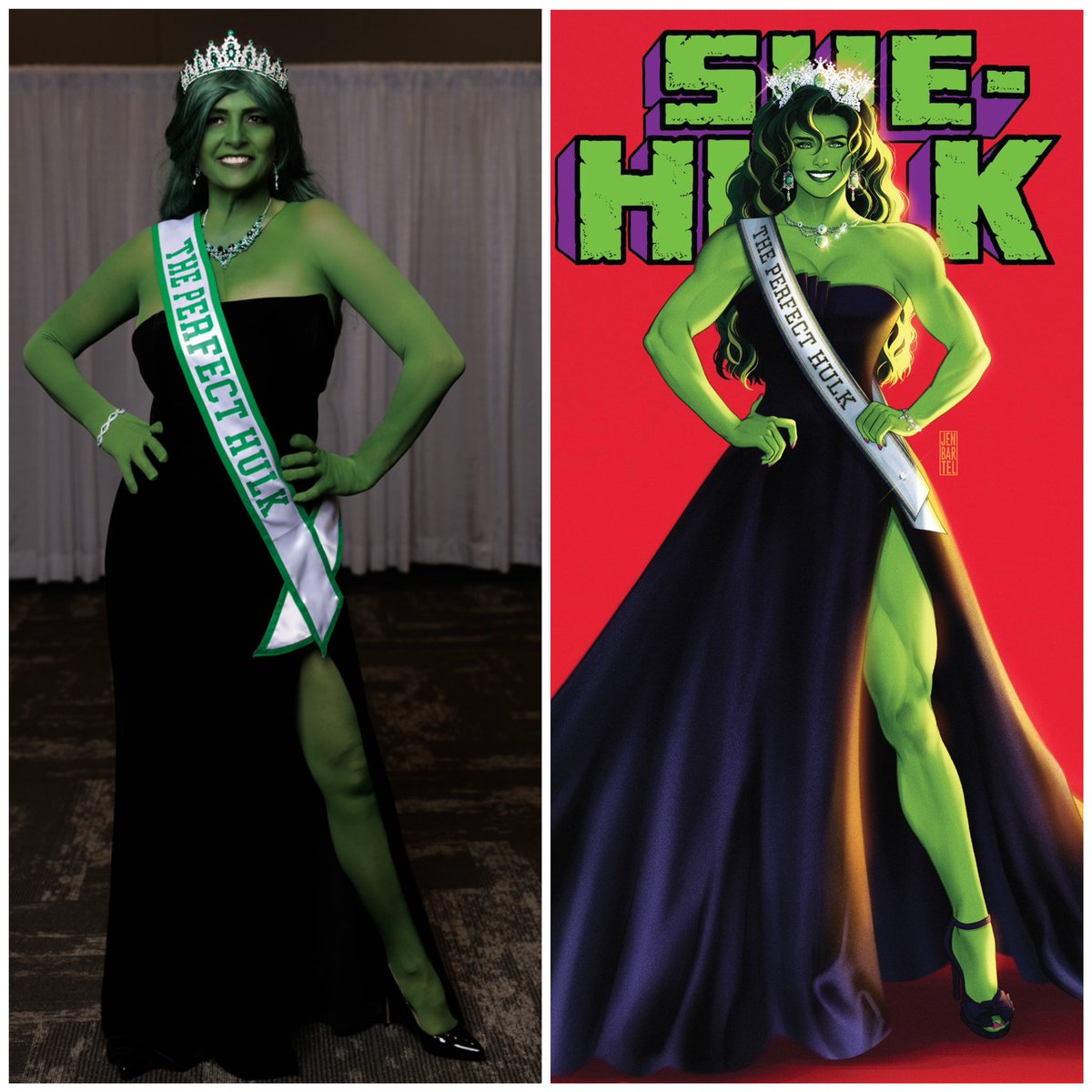 amhcosplays's tweet photo. For #sidebysidesunday here is my Pageant She-Hulk alongside my inspiration, the gorgeous artwork by @heyjenbartel. 💚
#shehulk #cosplay #green #jenwalters #jenbartel #hulk #marvel @Marvel @MarvelComicsHQ #amhcosplays #theperfecthulk #pageantshehulk https://t.co/7Ak1ORqV68