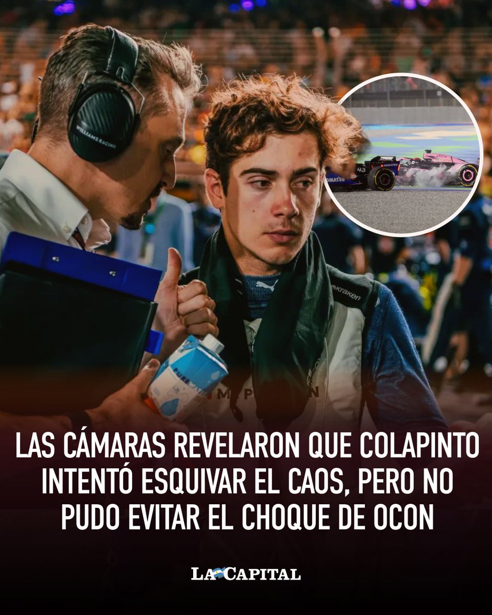 lacapital's tweet image. MUCHA MALA SUERTE PARA FRANCO 🇦🇷❌

🏎️🚨 Franco Colapinto fue embestido por Esteban Ocon y lo sacó del #GPQatar en la primera curva de su octava carrera.

El video del impacto desde el #Williams del argentino muestra como el choque fue totalmente ajeno a #Colapinto ya que el