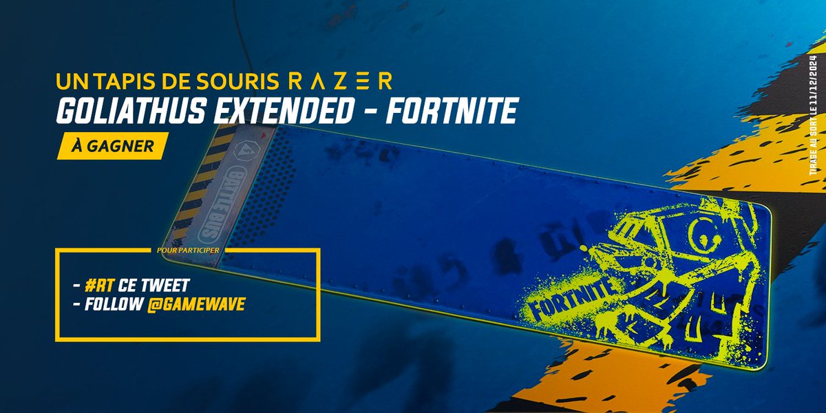 🎁#GAMEWAVEAvent - Un jour = un #CONCOURS

Remporte un superbe tapis de souris Razer Goliathus Extended Chroma #Fortnite, d'une valeur de 120 € !

Pour participer :
- #RT ce tweet
- Follow <a href="/GAMEWAVE/">GAMEWAVE</a>

📅Tas 11/12 - Bonne chance ! 🍀