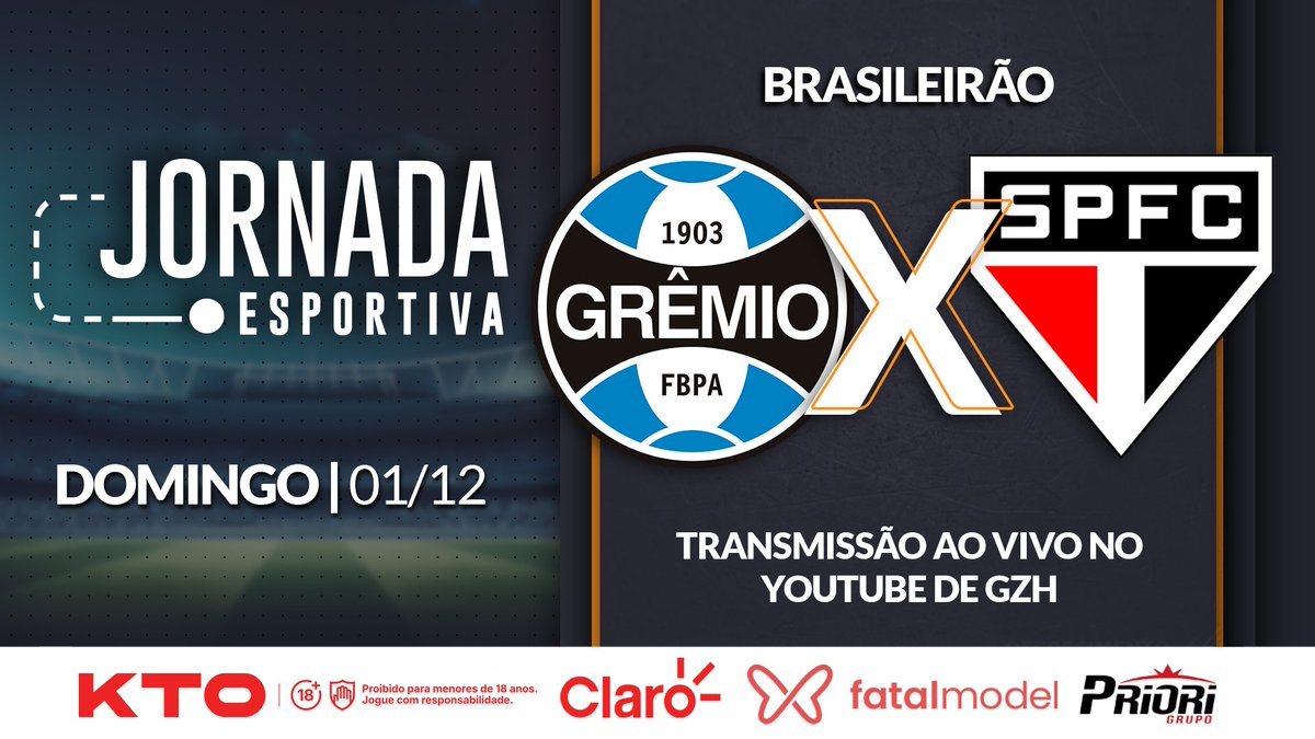 Esportes GZH (@esportesgzh) on Twitter photo Assista à #JornadaEsportivaDigital ao vivo: gzh.rs/3OzImlt
<a href="/Gremio/">Grêmio FBPA</a> X <a href="/SaoPauloFC/">São Paulo FC</a>
🎙<a href="/pedroernestoRS/">Pedro Ernesto</a>
💬 <a href="/diogo_olivier/">Diogo Olivier</a> e <a href="/cesarcidadedias/">Cesar Cidade Dias</a>
🎤 <a href="/eduardogabardo/">Eduardo Gabardo</a> , <a href="/filipeduarte88/">Filipe Duarte</a> e <a href="/queki/">Queki 🇪🇪</a>
🔎Arbitragem <a href="/dioriv/">Insta: @dioriv</a>
💻 Central do Esporte <a href="/mbertoncello/">Marina</a>
👉<a href="/KTO_brasil/">KTO Brasil</a> , Assista à #JornadaEsportivaDigital ao vivo: gzh.rs/3OzImlt
<a href="/Gremio/">Grêmio FBPA</a> X <a href="/SaoPauloFC/">São Paulo FC</a>
🎙<a href="/pedroernestoRS/">Pedro Ernesto</a>
💬 <a href="/diogo_olivier/">Diogo Olivier</a> e <a href="/cesarcidadedias/">Cesar Cidade Dias</a>
🎤 <a href="/eduardogabardo/">Eduardo Gabardo</a> , <a href="/filipeduarte88/">Filipe Duarte</a> e <a href="/queki/">Queki 🇪🇪</a>
🔎Arbitragem <a href="/dioriv/">Insta: @dioriv</a>
💻 Central do Esporte <a href="/mbertoncello/">Marina</a>
👉<a href="/KTO_brasil/">KTO Brasil</a> ,