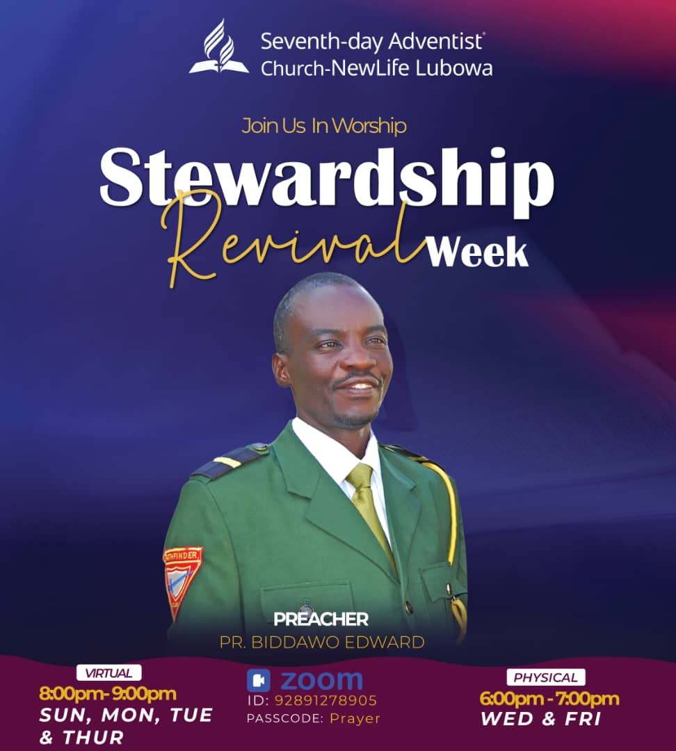 You're invited!
Join us this evening (Day 2) at 8:00 pm to 9:00 pm for our #StewardshipRevivalWeek. Don't miss the opportunity to be blessed by our guest speaker, Pr. Edward Biddawo from <a href="/BugemaUniv/">Bugema Univ</a> 

Join us via zoom💻📱
zoom.us/j/92891278905?…