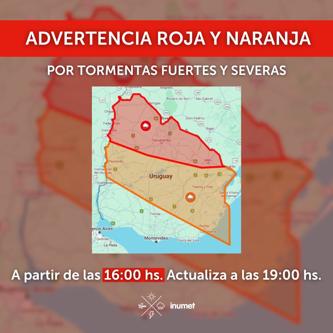 🔴Advertencia meteorológica roja por tormentas fuertes y severas para la zona norte, rige a partir de las 16hs. Próxima actualización a las 19hs.

🟠Advertencia meteorológica naranja por tormentas fuertes y lluvias intensas, rige desde las 16hs. próxima actualización a las 19hs.