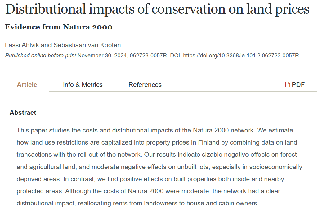 Lassi Ahlvik (@ahlviklassi) on Twitter photo Natura 2000 -suojelu kuumensi tunteita 1990-luvulla, ja Naturan "haamu" on yhä luontokeskusteluissa mukana. Mutta mitä vaikutuksista tiedetään?
Juuri julkaistussa tutkimuksessa tarkastelemme verkoston taloudellisia vaikutuksia Suomessa /1 Natura 2000 -suojelu kuumensi tunteita 1990-luvulla, ja Naturan "haamu" on yhä luontokeskusteluissa mukana. Mutta mitä vaikutuksista tiedetään?
Juuri julkaistussa tutkimuksessa tarkastelemme verkoston taloudellisia vaikutuksia Suomessa /1