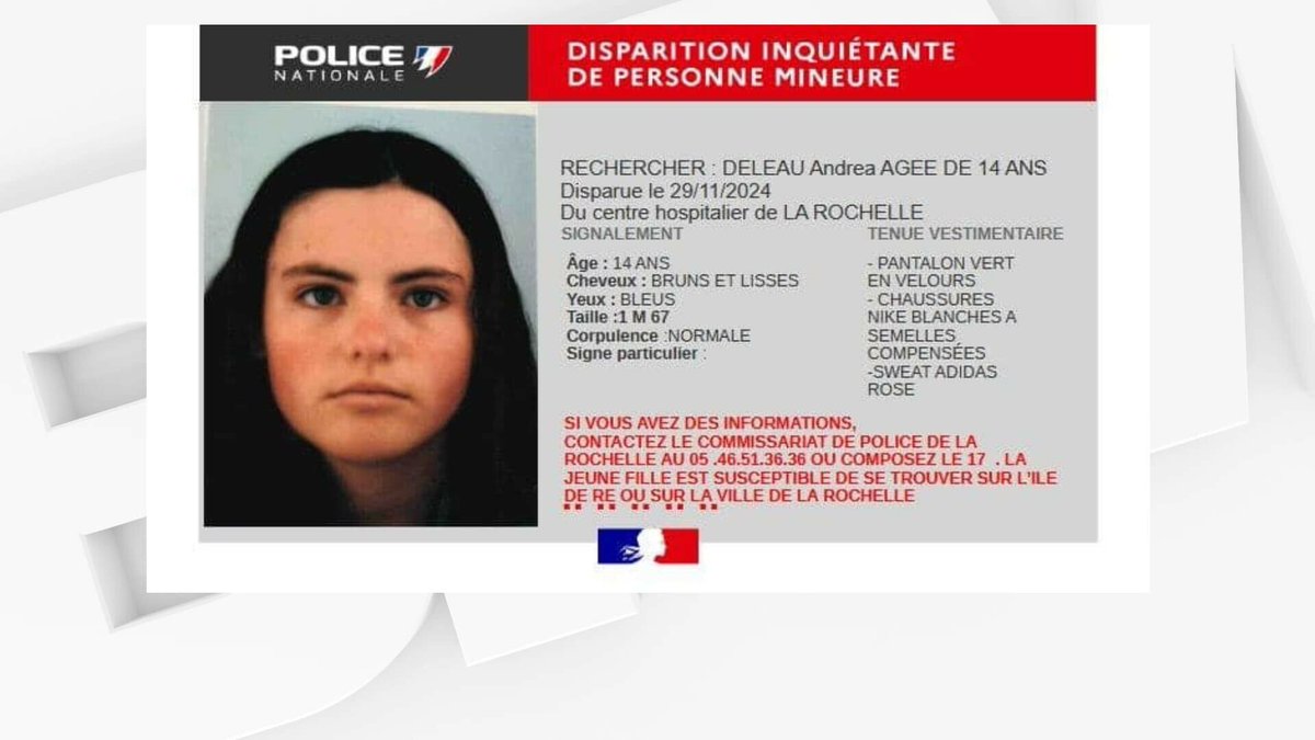 La Rochelle: un avis de recherche lancé après la disparition inquiétante d'une adolescente de 14 ans
l.bfmtv.com/yNI6