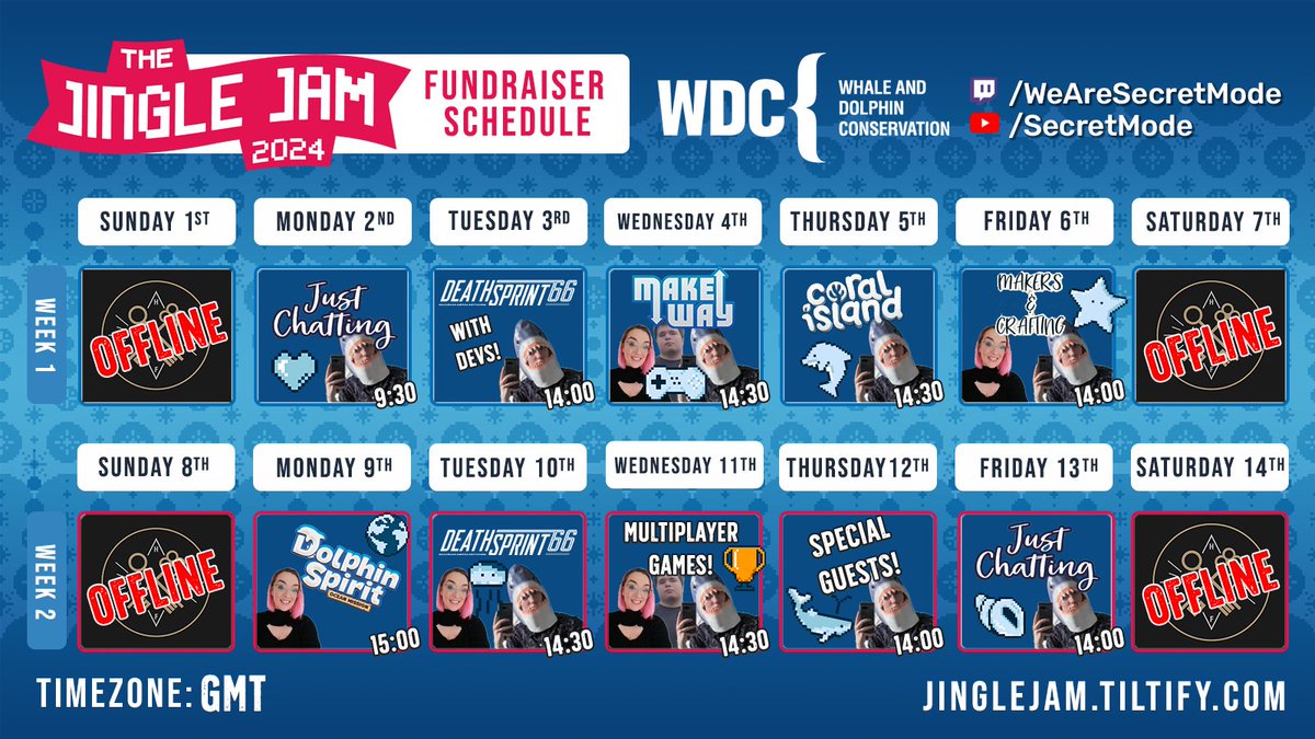 Secret Mode (@wearesecretmode) on Twitter photo .<a href="/jinglejam/">Jingle Jam</a> is finally here and we're so excited to be fundraising for a third year! We are once again supporting <a href="/whalesorg/">Whale and Dolphin Conservation (WDC)</a> and <a href="/GamesForWaves/">Games For Waves #WODFest</a> for all the hard work they do to keep our ocean mammals safe! 🐋
Here's our stream schedule for the next 2 weeks!
#JingleJam2024 .<a href="/jinglejam/">Jingle Jam</a> is finally here and we're so excited to be fundraising for a third year! We are once again supporting <a href="/whalesorg/">Whale and Dolphin Conservation (WDC)</a> and <a href="/GamesForWaves/">Games For Waves #WODFest</a> for all the hard work they do to keep our ocean mammals safe! 🐋
Here's our stream schedule for the next 2 weeks!
#JingleJam2024