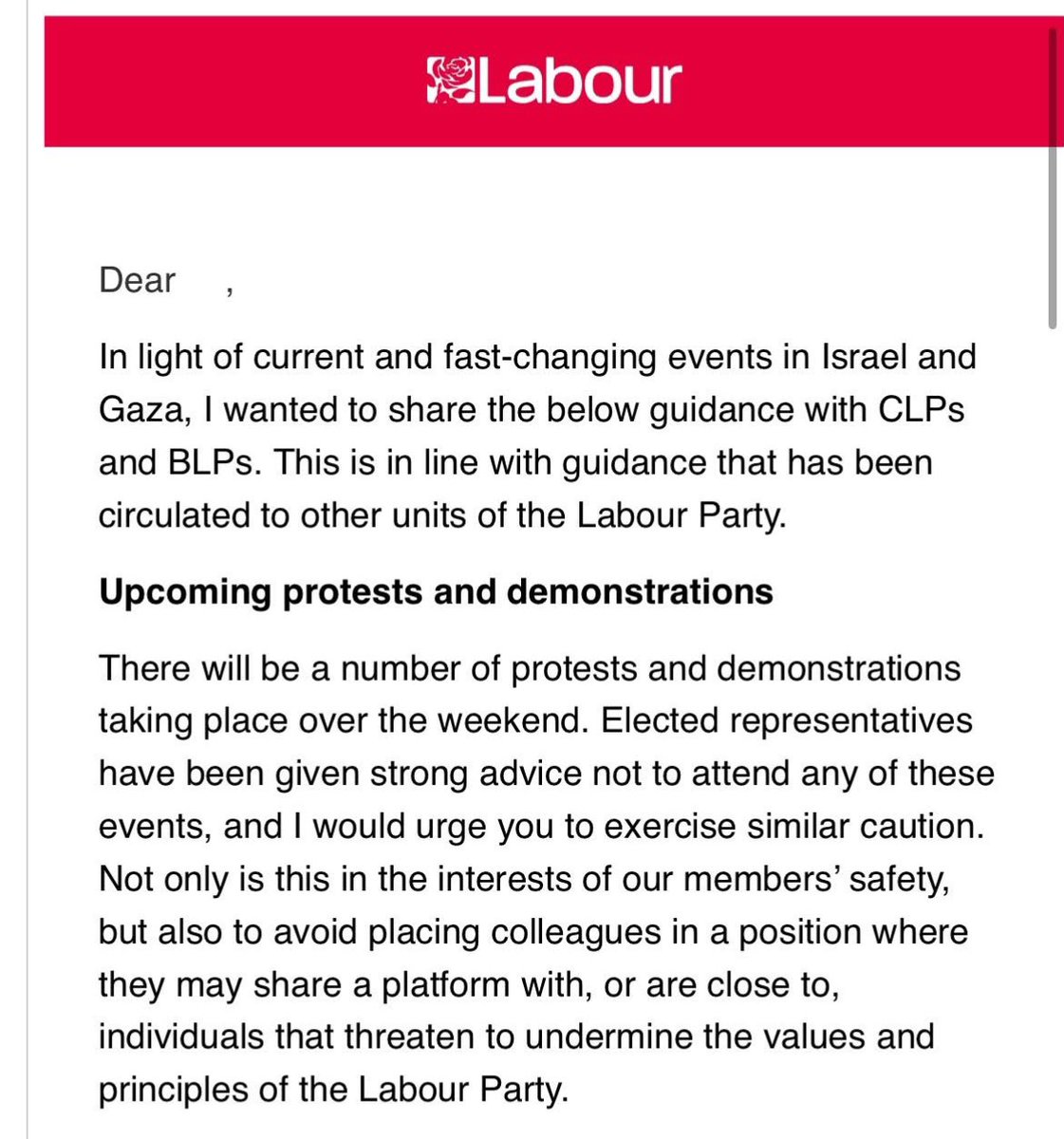 Over 45,000 Palestinians killed, mostly civilians, wrecked homes, a humanitarian catastrophe. 

It’s one thing staying silent - but this is just shameful to say the least 

Imagine a Labour Party that sends a message to its members not to attend any demonstrations over Gaza…