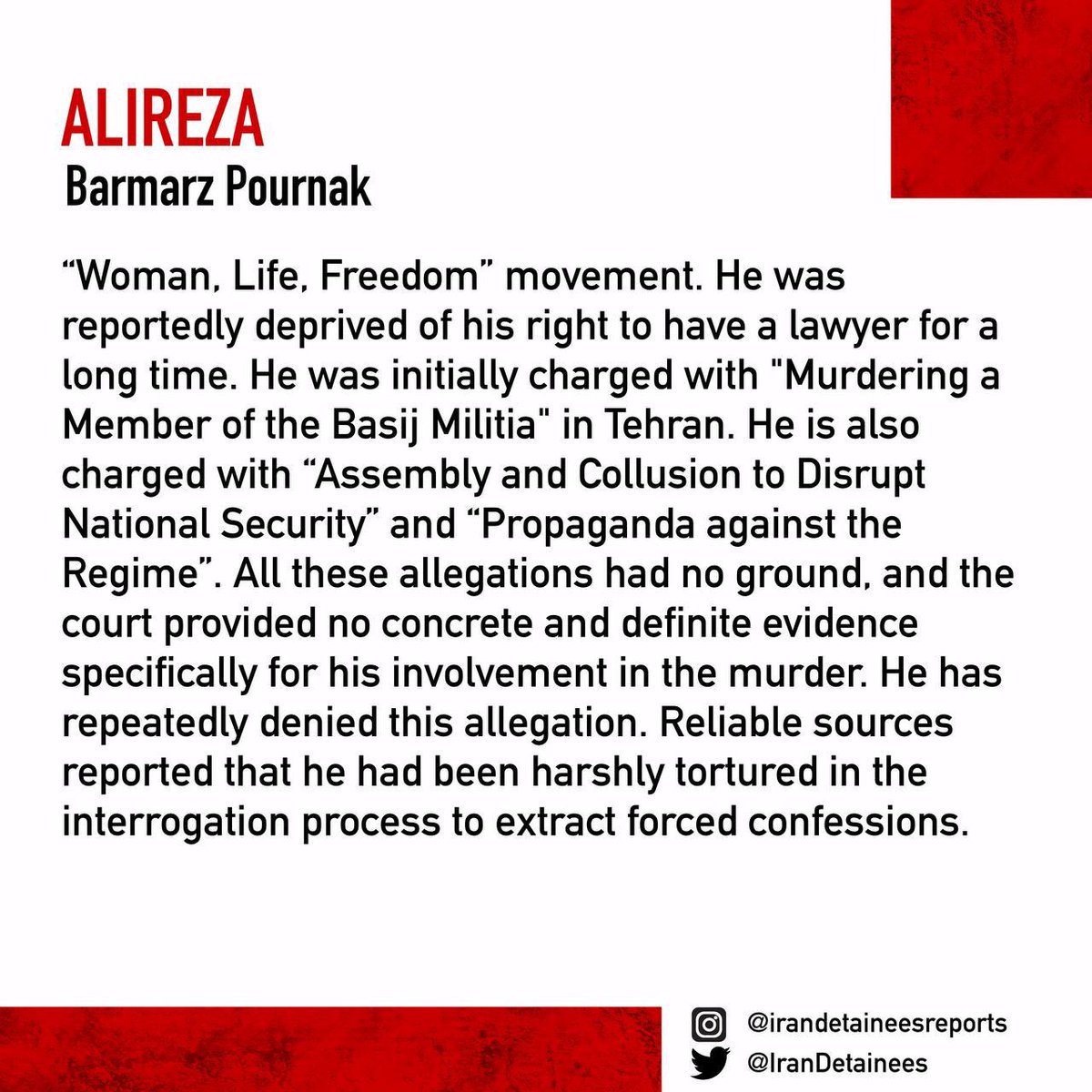 IranDetainees's tweet photo. ❗️UPDATE:🔈

#AlirezaBarmarzPournak, a 27-year-old detainee among the 8 protestors that were arrested in connection to the “Ekbatan Case”, was unjustly and with no concrete evidence, sentenced to the Death Penalty in November 2024. He was summoned to the court for his verdict hearing and was arrested without prior information. This sentence can be appealed as the verdict was not unanimous.

#علیرضا_برمرز_پورناک
@AmnestyIran