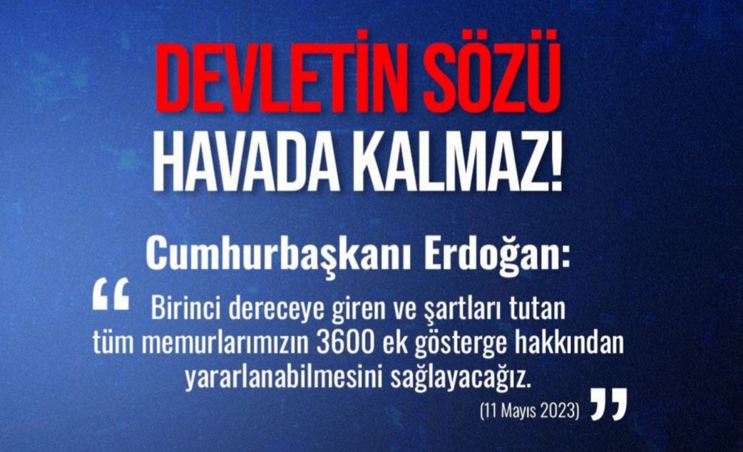 Devlete
Devletin Cumhurbaşkanı'na
Devlet Beye
Hükümete Güveniyoruz 
#BirinciDereceye3600 Ek Gösterge Sözü Havada Kalmaz
<a href="/RTErdogan/">Recep Tayyip Erdoğan</a> <a href="/dbdevletbahceli/">Devlet Bahçeli</a> <a href="/memetsimsek/">Mehmet Simsek</a> <a href="/isikhanvedat/">Prof. Dr. Vedat Işıkhan</a> <a href="/avabdullahguler/">Abdullah Güler</a> <a href="/erkanakcay45/">Erkan Akçay</a> <a href="/PrfDrFilizKilic/">Prof. Dr. Filiz KILIÇ</a> <a href="/MKalayci42/">Mustafa Kalaycı</a> <a href="/ifarukaksu/">İsmail Faruk Aksu</a> <a href="/AvOzlemZengin/">Av. Özlem Zengin 🇹🇷</a> <a href="/mehmedmus/">Dr. Mehmet Muş</a>