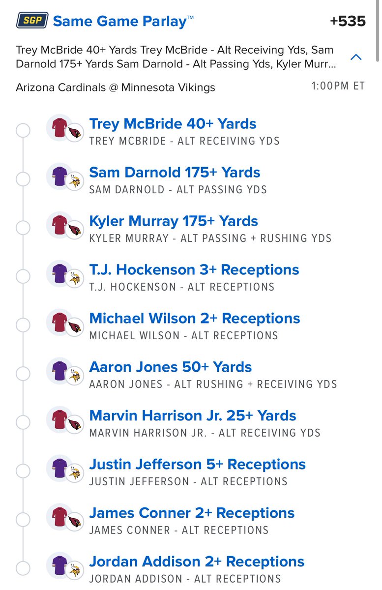 FantasyMikk's tweet photo. ARI/MIN SGP 🏈🤑
#Fantasy15 #FantasyMikk #NFL #nflbets #dfs #fanduel #GamblingX #SportsBettingX #ARIvsMIN https://t.co/COiRD4Eb7Q