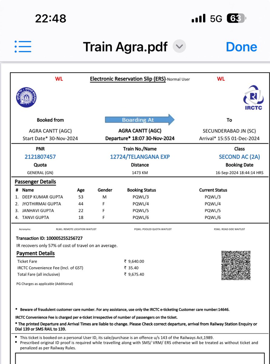 deepkumar_us's tweet photo. @IRCTCofficial @AshwiniVaishnaw @RailMinIndia 

Dear Sir,
I have done booking for AC 2Tier from Agra to Secunderabad and it was on waiting list. And it got cancelled due to non confirmation.
My surprise that refund was done only for ₹9380 whereas I paid ₹9675.40.
#IRCTC https://t.co/tletdsx0mp