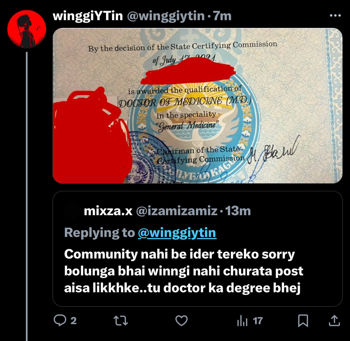 winggiyt's tweet photo. This guy told me to prove I’m a doctor by sending my degree and said he’d apologize if I was. I sent it, and now I’m waiting for that apology. Where’s the post, bro? 👀 Or were you just trying to defame me? https://t.co/Z7Um6jJ23a