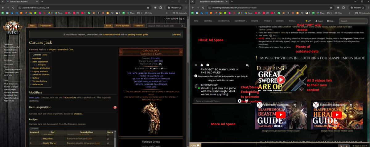 I want to elaborate why I dislike the Fextralife situation and criticize it so sharply.

It's not even about the NDA or spoilers.

It's about the wiki. Let's compare:
- PoE 1 wiki
- Elden Ring Fextralife Wiki

1/n