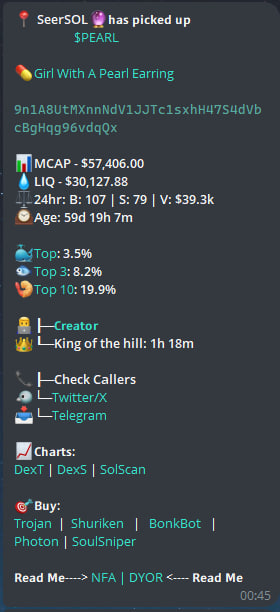 QuantAkhi's tweet photo. @TeamSeerBot  absolutely cooked yesterday😭

$PEARL
57k —> 8.3M (144x)

$COIN
77k —> 5.3M (68x)

#HELLYEAH
114k —> 5.7M  (x50)

$WELF
196k —> 8.3M  (x42)

$50 into each would be $15.2k in 1 day🤑

It's getting easier to print if you know what to do and what bots to use🚀