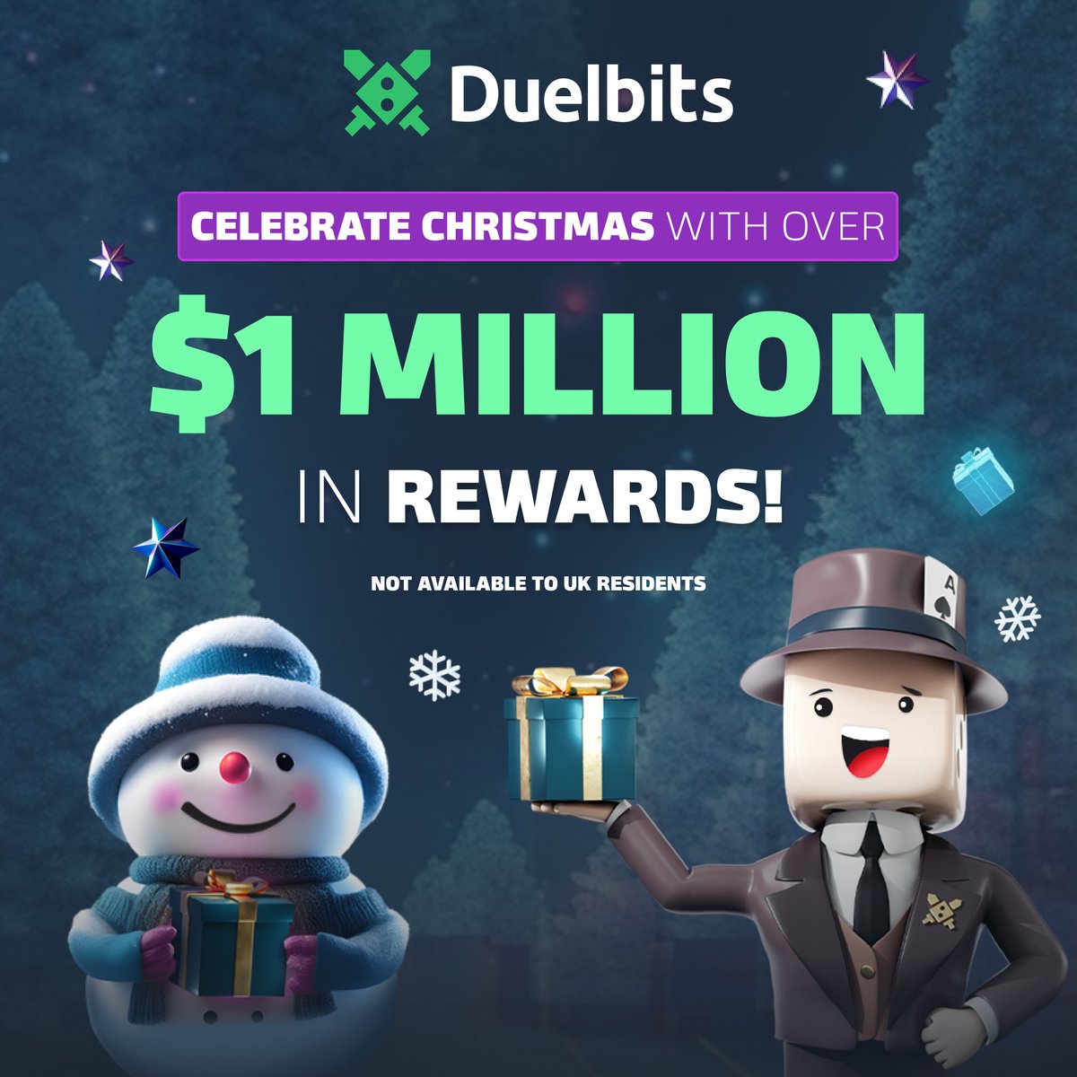🎄 Duelbits Holidays Are Here! 🎄
Celebrate the festive season with us - we're giving away over $1 Million in rewards to our community! 

🎯 $500k Daily Challenges
🎅 $300k Christmas Leaderboard
💰 $250k in Weekly Tournaments
🎁 $150k Grand Boxing Day Raffle 
🏙️ Discord/Community