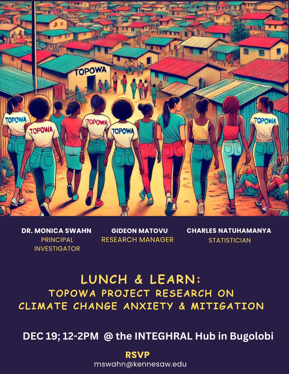 Join us for a #TOPOWAproject lunch &amp; learn in #Kampala on Dec 19. We’ll share research findings &amp; invite discussions on new projects &amp; strategies for mitigating #climatechange &amp; related #mentalhealth issues. Join us for a pizza lunch &amp; learn session🍕 #UYDEL #climate #TOPOWA 🇺🇬🌍
