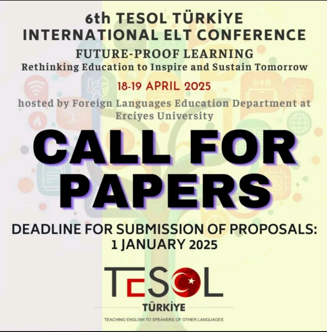 Please help us share..

The 6th TESOL Türkiye International #ELT Conference will take place on 18-19 April 2025 hosted by Erciyes University. 

We welcome presenters &amp; participants interested in language teaching, learning &amp; professional development:

CFP:tesolturkey.net/event-tesol/46…