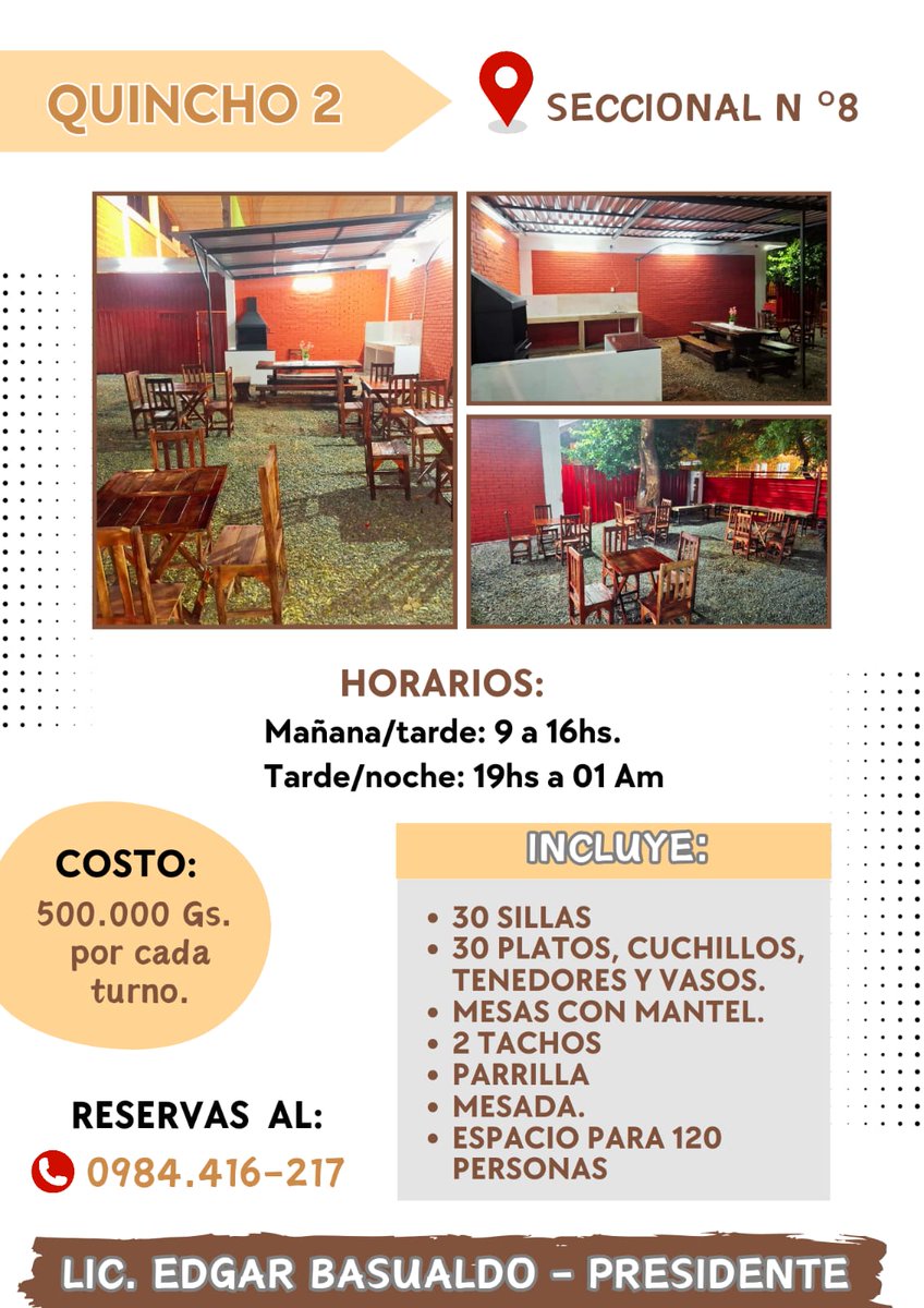 BasualdoEdgar's tweet photo. Para tus reuniones y cumpleaños. Te esperamos en el quincho 2 en la Seccional Colorada N°8. Contactos al 0984416217 https://t.co/FgyuyoMTI4