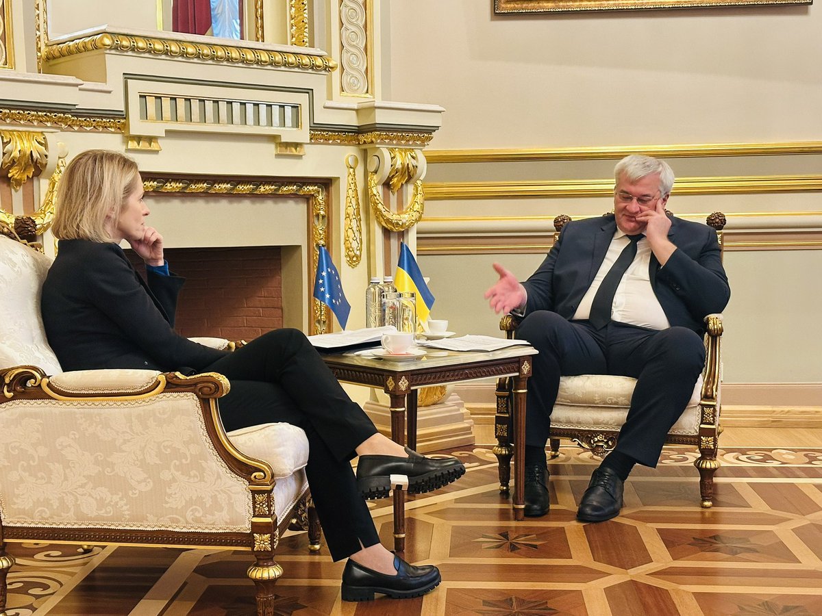 kmathernova's tweet photo. Great to see new 🇪🇺 leadership @eucopresident mtg w/@ZelenskyyUa! 

Insightful discussions of @andrii_sybiha &amp; HRVP @kajakallas. 

🇺🇦 is and will remain 🇪🇺 No. 1 foreign policy priority.

🇪🇺🤝🇺🇦 https://t.co/1XCDosMdTD