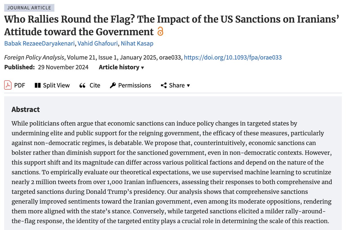 🚨NEW ARTICLE🚨
RezaeeDaryakenari et al. examine how economic sanctions may bolster support for targeted regimes, even in non-democratic states. They analyze 2M tweets finding comprehensive sanctions increased support for Iran’s government #openaccess
academic.oup.com/fpa/article/21…
