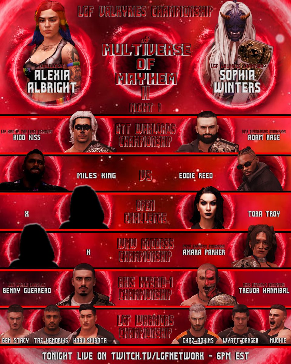 LGF Presents: Multiverse of Mayhem II Night 1✨
🗓️: Tonight • Wembley Stadium | Wembley, England
⏰: 6 PM EST
———

Multiverse of Mayhem II kicks off tonight! The portals have opened! Titles on the line! History to be made! Who will step through?!

🎥twitch.tv/lgfnetwork
