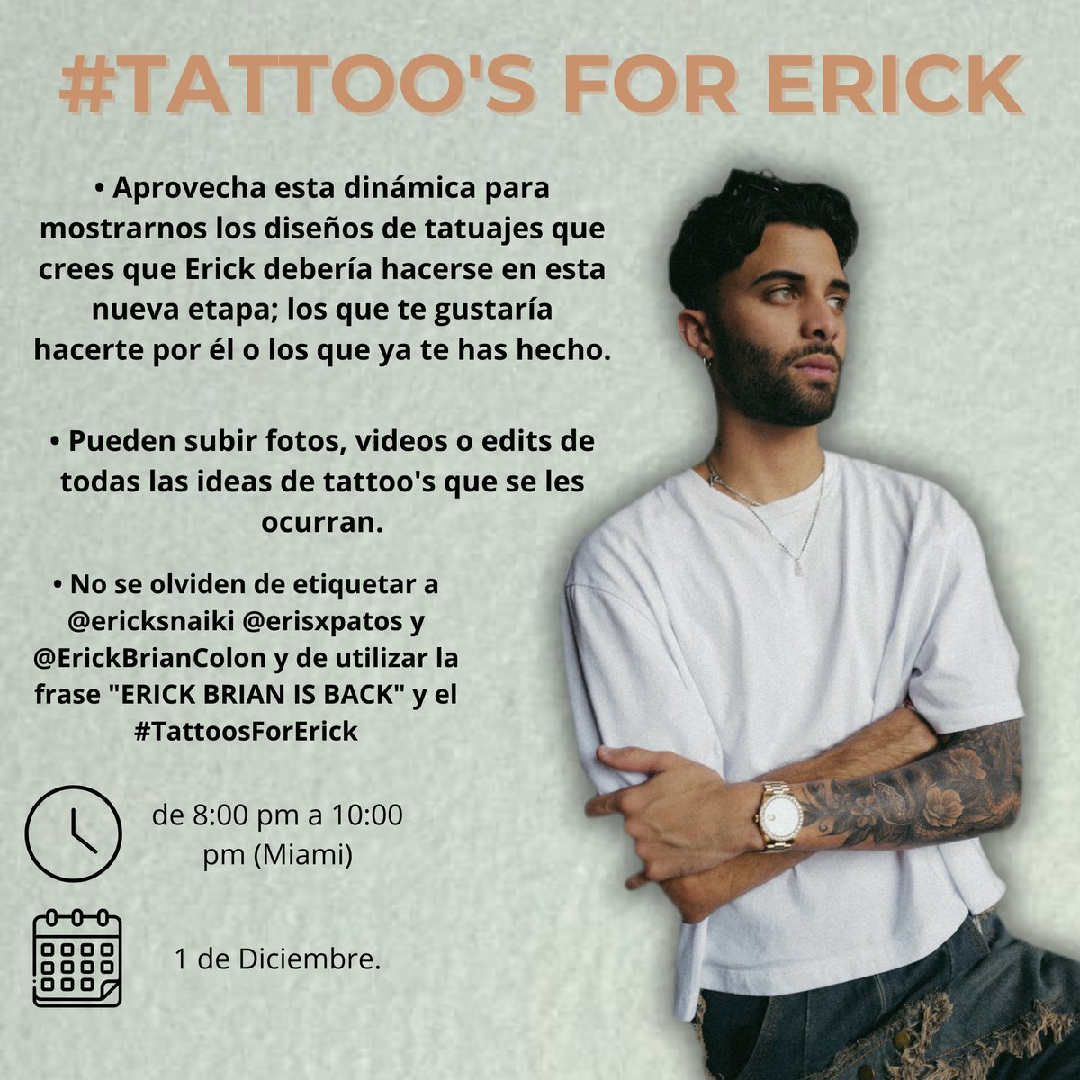 ericksfrizze's tweet photo. ¡Hola, mutis! 🤍
Hoy con @erisxpatos les traemos una pequeña dinámica que dará inicio a la semana de estreno en esta nueva etapa en la carrera de Erick. No se olviden de arrobarnos, utilizar el # y la frase que acompaña a todas estas hermosas dinámicas que se están planeando. https://t.co/AmTqu6zDtv