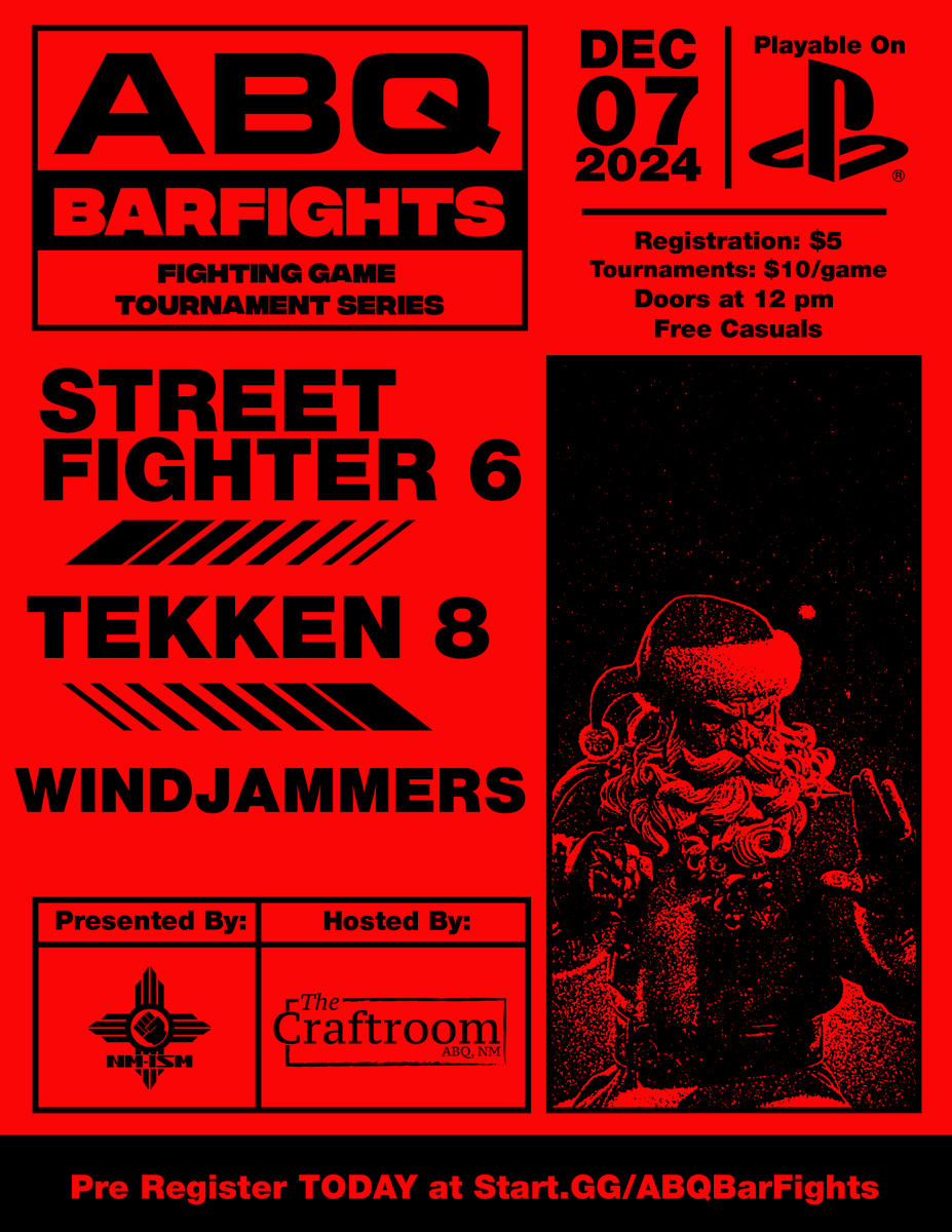 nmismfgc's tweet photo. ABQ Barfights is THIS SATURDAY -- December 7th

TEKKEN 8 / STREET FIGHTER 6 / WINDJAMMERS

🕹️ Casuals before and after bracket
🎟️ Raffle for a Game Dimensions King action figure
👌Pre-regs get one free entry

Sign up &amp; info: https://t.co/rizkxVHK9T https://t.co/3O7URNzQDh