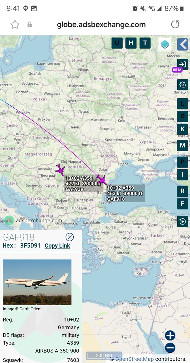 Borrowed7Time's tweet photo. German govt. A350-941 x2 out of Berlin, tracking SE. Likely on board is FM Annalena Baerbock, who will meet with Chinese FM Wang Yi on Mon.
10+02 #3F5D91 as GAF918
10+03 #3E854F as GAF939
@sipjack1776 https://t.co/SxDtbwxfc9