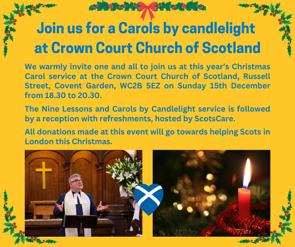 ScotsCare's tweet photo. We warmly invite one and all to join us at this year’s Christmas Carol service at the Crown Court Church of Scotland, Russell Street, Covent Garden, WC2B 5EZ on Sunday 15th December from 18.30 to 20.30, followed by a reception with refreshments, hosted by us.
@CrownCourtChrch https://t.co/r7lQ9xi0FL