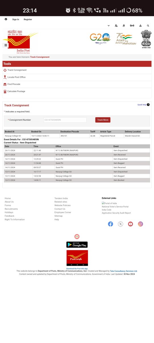 Dubeyprashant09's tweet photo. @IndiaPostOffice @JM_Scindia @PemmasaniOnX @IPPBOnline @mygovindia @PIB_India @DDNewslive @airnewsalerts @AmritMahotsav My article CG147505485IN was booked on 13.11.24 but still not delivered and no response from the India post of my message and tweet , very unprofessional behaviour by India Post https://t.co/X9egeS21W3