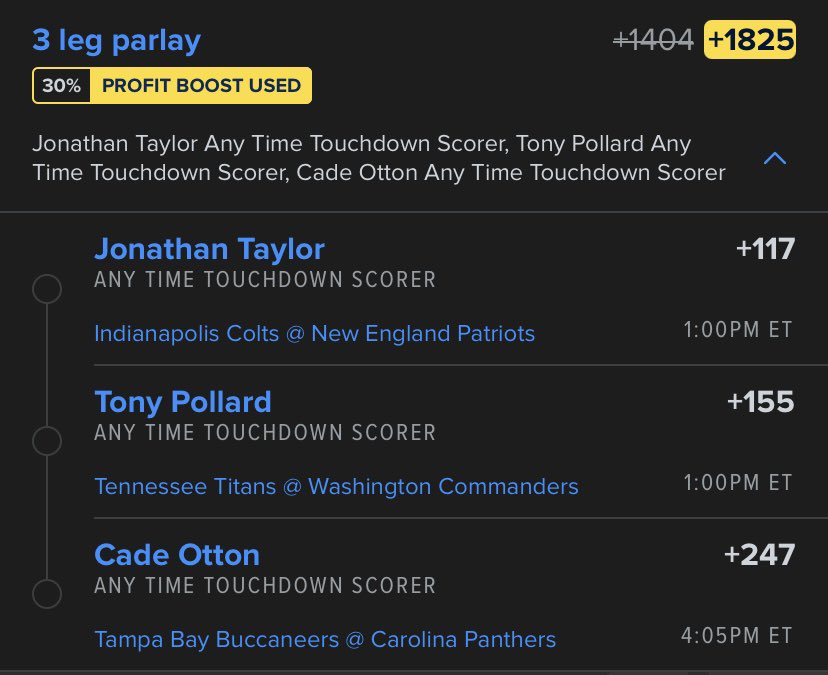 01/12/2024🎅

🏈NFL SUNDAY🏈

We have a Collab with <a href="/SmoodPicks/">SmoodPicks</a> &amp; <a href="/MoneyTalksSport/">MoneyTalksSports</a>  for today🤞🏻

🍀ATD 3 Leg Parlay🍀

🔥ODDS: +1825 [30% Boost]🔥