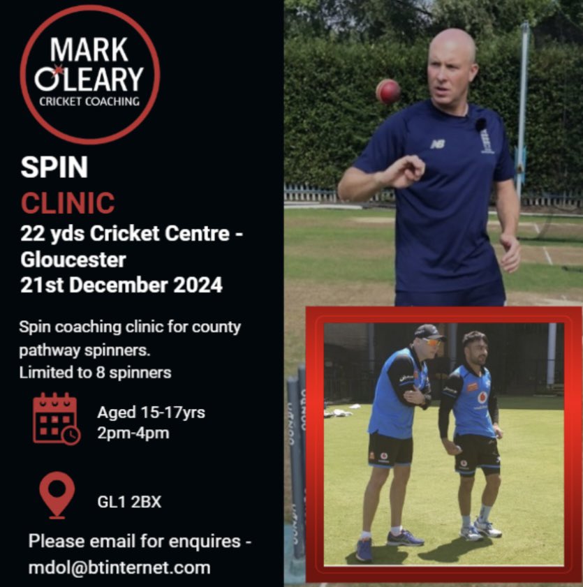 Mark O'Leary (@sparkyoleary1) on Twitter photo Due to popular demand I will be hosting a Spin Clinic in Gloucester for players aged 15-17yrs <a href="/22YardsCC/">22Yardscricketcentre</a> π
ποΈ 21st December 2024
β° 2pm-4pm
π <a href="/22YardsCC/">22Yardscricketcentre</a> - Gloucester GL1 2BX
Please contact for details Due to popular demand I will be hosting a Spin Clinic in Gloucester for players aged 15-17yrs <a href="/22YardsCC/">22Yardscricketcentre</a> π
ποΈ 21st December 2024
β° 2pm-4pm
π <a href="/22YardsCC/">22Yardscricketcentre</a> - Gloucester GL1 2BX
Please contact for details