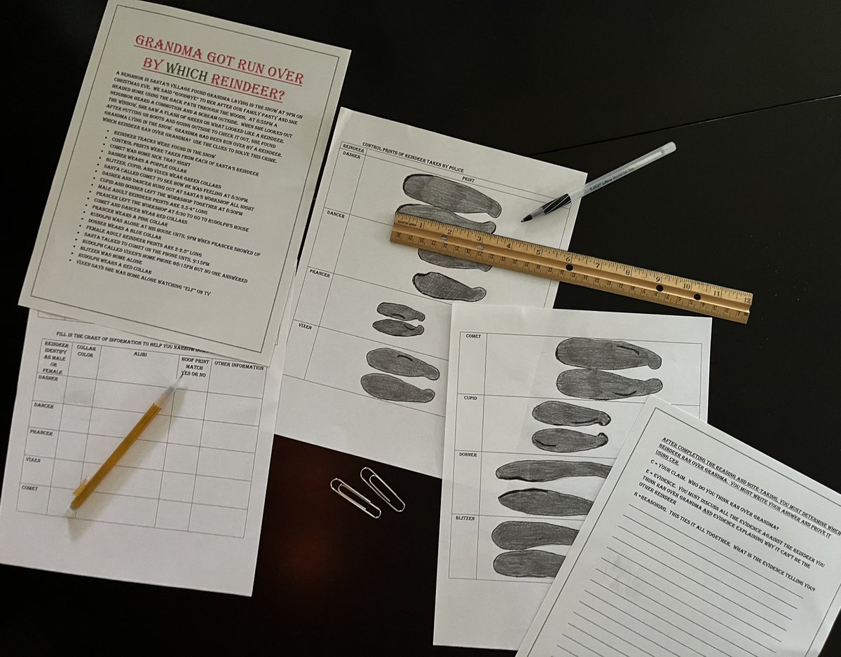 SciencebyTrish's tweet photo. 20-25% off all my TPT products- Dec 2nd and 3rd. 
Example of a  holiday CER activity:
Grandma got run over by WHICH Reindeer?  Can your students use the clues and reindeer prints to crack the case?

https://t.co/K8wMvlt3HO

#edchat #educhat #Teachers #education #holidayseason https://t.co/raBAvdVaKA