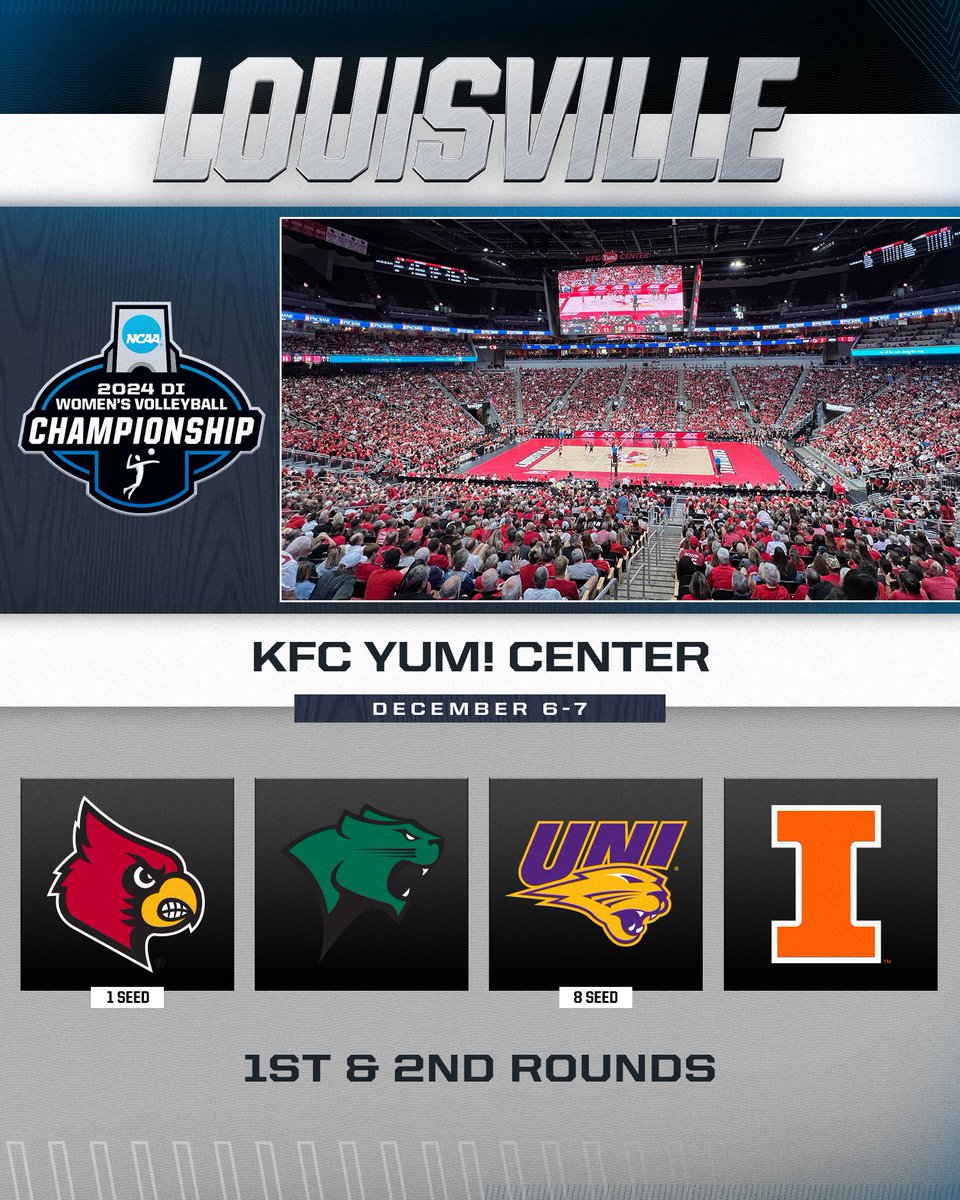 NCAAVolleyball's tweet image. 𝟏𝐬𝐭 &amp;amp; 𝟐𝐧𝐝 𝐑𝐨𝐮𝐧𝐝𝐬
📍 Louisville, KY
📅 Dec. 6-7

(8) @UNIVolleyball
🆚
@IlliniVBall
 
@ChicagoStVB
🆚
(1) @LouisvilleVB

#NCAAWVB