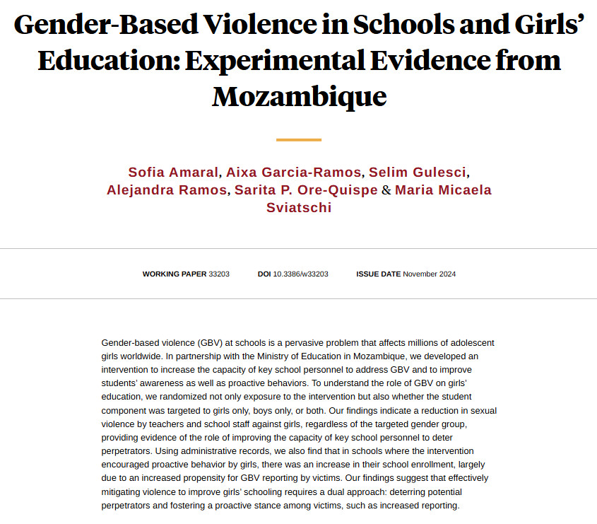 nberpubs's tweet photo. Studying an intervention within schools in Mozambique aimed at reducing gender-based violence finds that deterring potential perpetrators and fostering a proactive stance among victims, such as increased reporting, can mitigate violence, from @sofiafamaral, Aixa Garcia-Ramos, @selimgulesci, @Alejandra_Ram0s, Sarita P. Ore-Quispe, and @micasviatschi https://t.co/CpcuaHgIxj