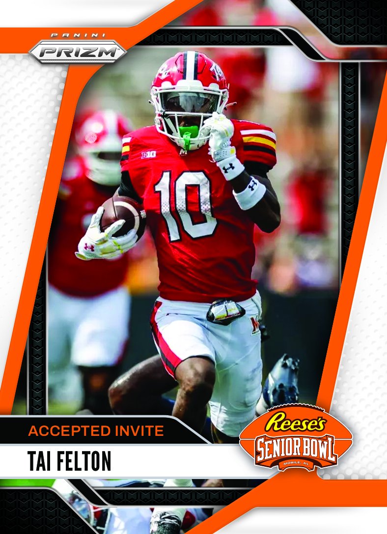 Reese's Senior Bowl (@seniorbowl) on Twitter photo Officially Accepted! WR Tai Felton from <a href="/TerpsFootball/">Maryland Football</a> is headed to the 2025 Reese's Senior Bowl #TBIA 💪💪💪 #BestOfTheBest #TheDraftStartsInMOBILE™️
@JimNagy_SB <a href="/PaniniAmerica/">Panini America</a> #RatedRookie Officially Accepted! WR Tai Felton from <a href="/TerpsFootball/">Maryland Football</a> is headed to the 2025 Reese's Senior Bowl #TBIA 💪💪💪 #BestOfTheBest #TheDraftStartsInMOBILE™️
@JimNagy_SB <a href="/PaniniAmerica/">Panini America</a> #RatedRookie