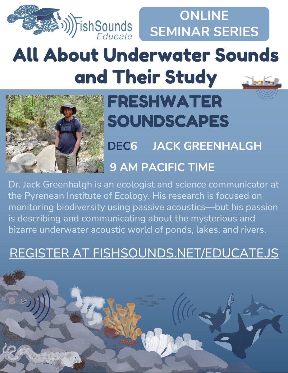 FishSounds (@fishsoundsweb) on Twitter photo 🦐🪲🐟
We will have our next seminar on Friday Dec. 6 at 9 am Pacific—all about freshwater soundscapes with <a href="/WildAudioJack/">Jack Greenhalgh</a>! Register here: uvic.zoom.us/meeting/regist… 🦐🪲🐟
We will have our next seminar on Friday Dec. 6 at 9 am Pacific—all about freshwater soundscapes with <a href="/WildAudioJack/">Jack Greenhalgh</a>! Register here: uvic.zoom.us/meeting/regist…
