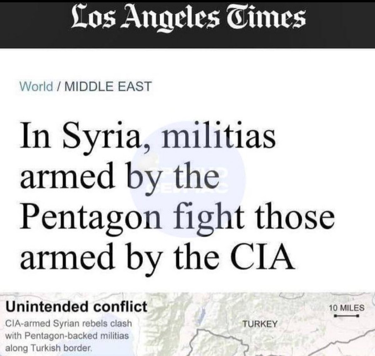 HaKim1Aydin's tweet photo. Los Angeles Times'tan.
ilginç başlık:
"Suriye'de Pentagon'un silahlandırdığı milisler, CIA'nın silahlandırdığı milislerle savaşıyor."
Pentagon, PKK/PYD'yi silahlandırdı.
CIA, HTŞ'yi (El Kaide) silahlandırdı.
#Time4Freedom #WakeUp
#Halep #Suriye #
Tarihlere dikkat algıya kapılmayın !