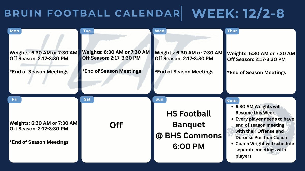 Weekly Schedule:  Please note we will have our Football Banquet next Sunday December 8th at BHS Commons at 6:00 PM, please RSVP with the following form if you plan to attend.
#EAT 
forms.gle/CwPGVmKLAx5T1d…