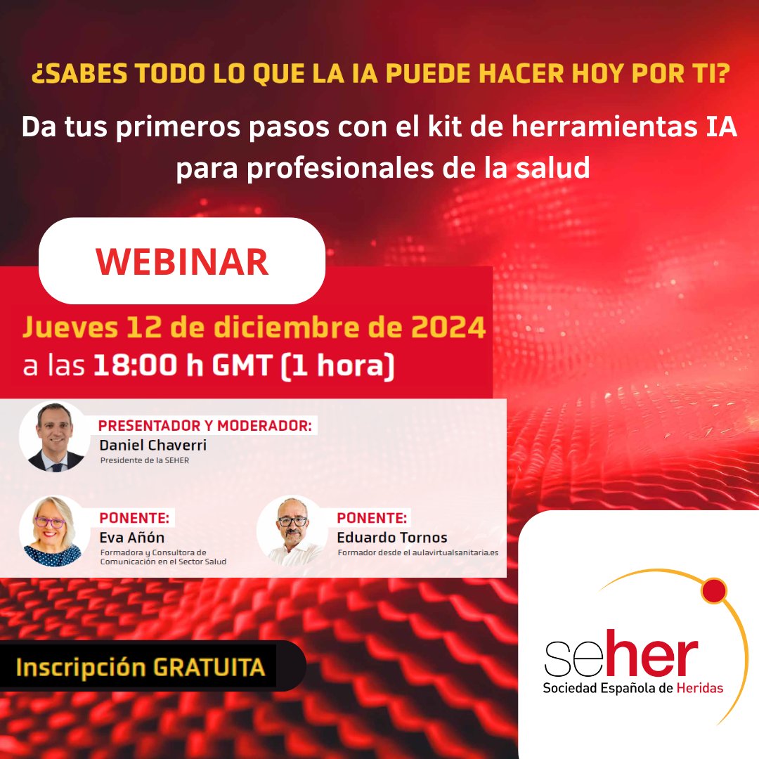 Eva Añón | Redes Sociales, IA y Salud (@evaanyon) on Twitter photo 🎈 Estamos acabando el año y las actividades formativas de 2024. Pero nos queda todavía este webinar gratuito sobre Inteligencia Artificial para profesionales de la salud organizado por <a href="/SEHERidas/">Sociedad Española de Heridas SEHER</a>
📆 Será el jueves 12 de diciembre a las ⏰18:00h (CET), lo presenta 🎈 Estamos acabando el año y las actividades formativas de 2024. Pero nos queda todavía este webinar gratuito sobre Inteligencia Artificial para profesionales de la salud organizado por <a href="/SEHERidas/">Sociedad Española de Heridas SEHER</a>
📆 Será el jueves 12 de diciembre a las ⏰18:00h (CET), lo presenta