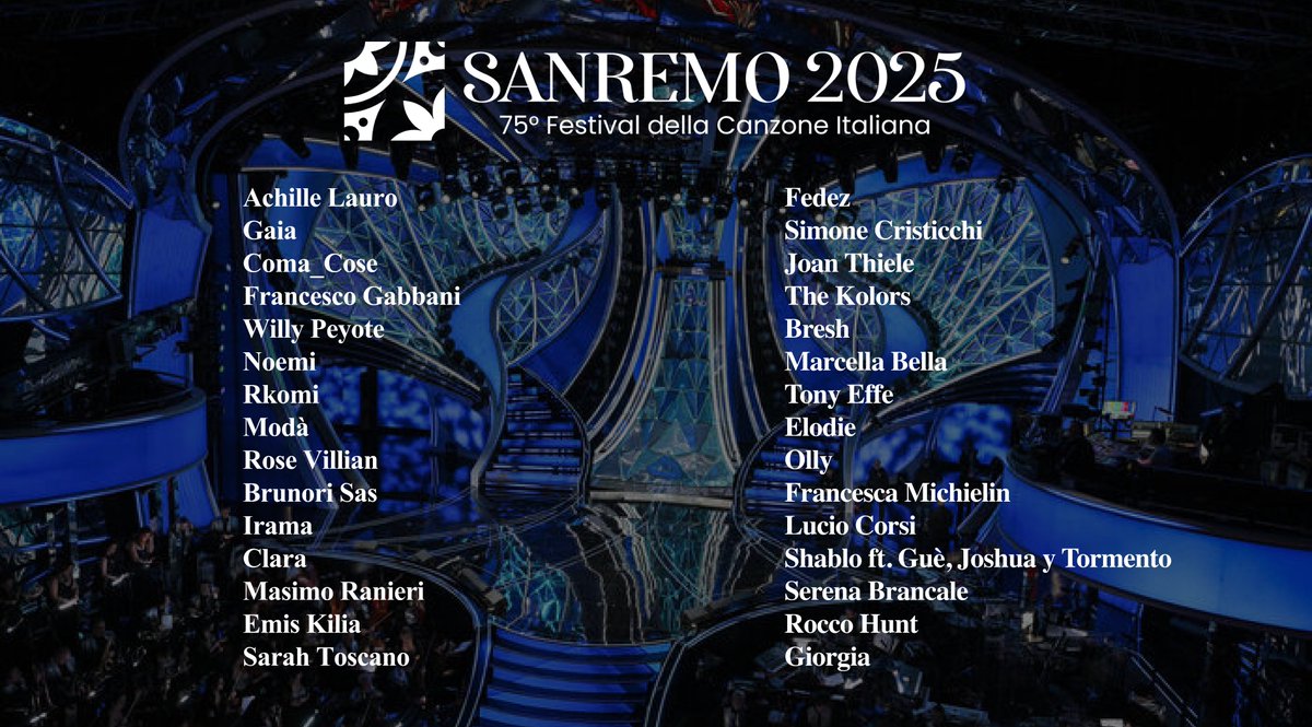 Revelado los 30 artistas que conformarán el plantel del 75º Festival della Canzone Italiana #Sanremo2025 que tendrá lugar del 11 al 15 de febrero.

El 18 de diciembre se añadirán los 4 ganadores del #sanremogiovani.