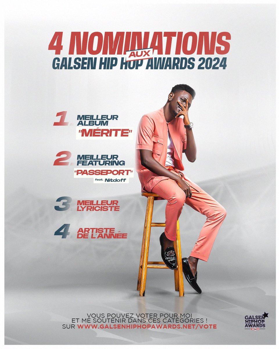 Je Suis Nominé Au Galsen Hip Hop Awards Dans 4 Catégories 
• MERITE Meilleur Album
• Passeport Feat NitDoff Meilleur Featuring
• Meilleur Lyriciste
• Artiste de l'année
Voter Pour Moi Ici: 
galsenhiphopawards.net