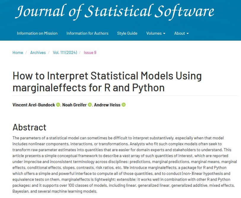 Our JSS article is out! 

And now I get to focus on {marginaleffects} 1.0.0. Stay tuned.

jstatsoft.org/article/view/v…