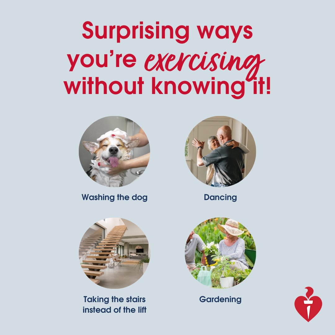 Heart Foundation (@heartfoundation) on Twitter photo Incidental exercise comes in many forms! How could your patients incorporate incidental movement into their routine? 🏃♀️❤️
Learn more about the types of exercise HERE👉 heartfoundation.org.au/healthy-living… Incidental exercise comes in many forms! How could your patients incorporate incidental movement into their routine? 🏃♀️❤️
Learn more about the types of exercise HERE👉 heartfoundation.org.au/healthy-living…