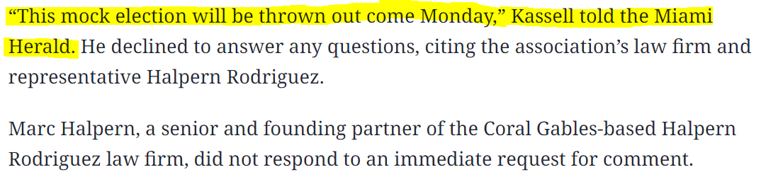 1060brickell's tweet photo. JUST IN: Grand Leader of #1060Brickell Jacob Kassel told the @MiamiHerald &amp; @rebecca_sanjuan that yesterday's board election which he tried to cancel was a "mock election" that "will be thrown out come Monday." He received precisely zero votes. https://t.co/lUDZzkxkRY